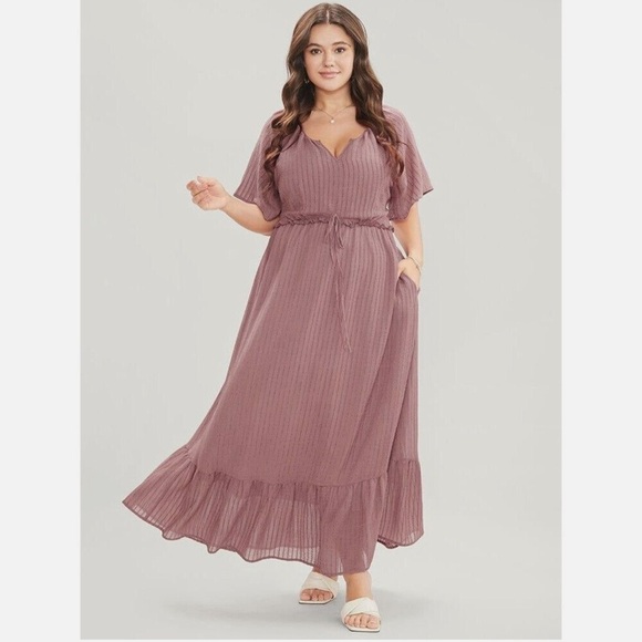 Bloomchic Plus Size Solid Striped Notched Ties Up Pocket Flutter Maxi Dress Pink - Picture 1 of 7